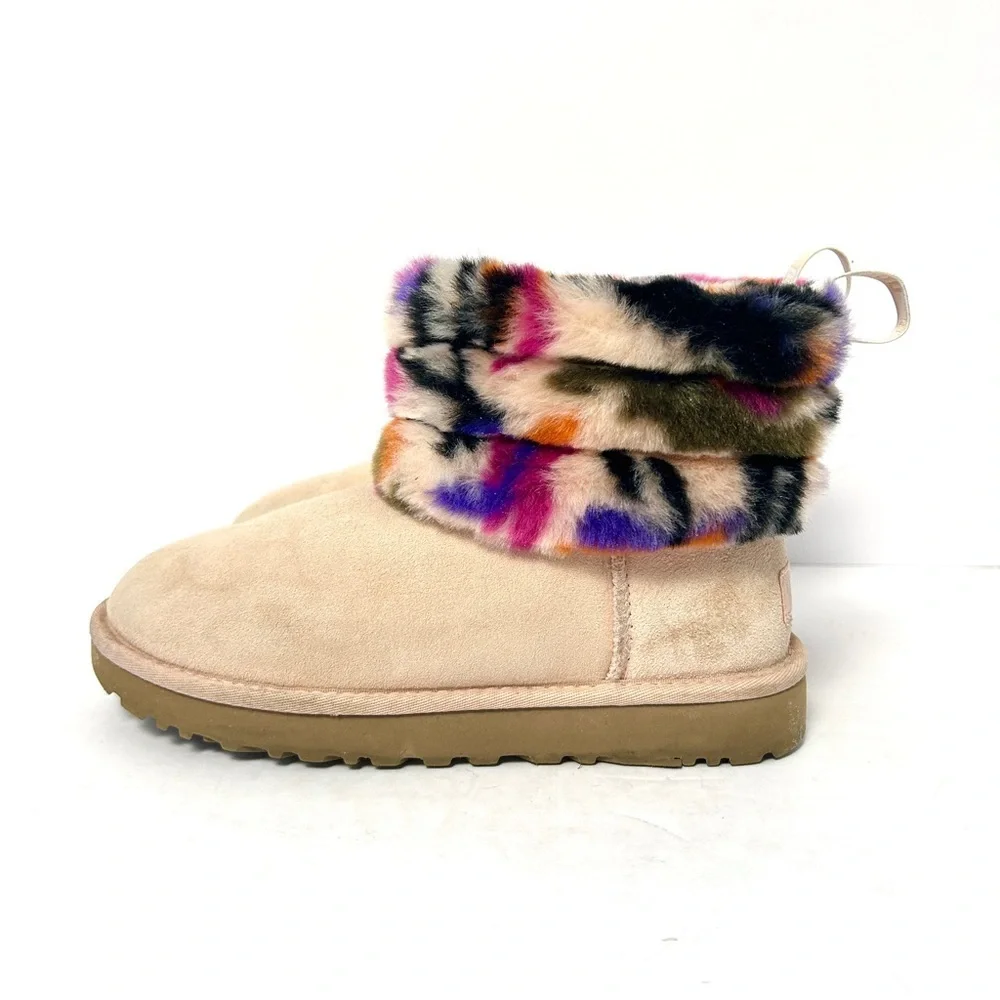 UGG Fluff Mini Quilted Motlee Boots Shoe Suede Sheepskin Pink Size EU 38 US 7